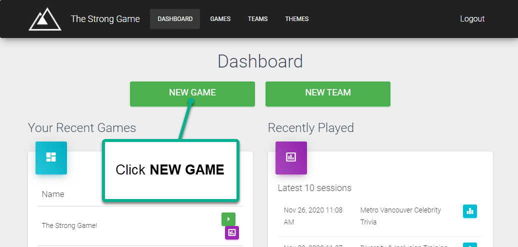 Click new game button in admin dashboard