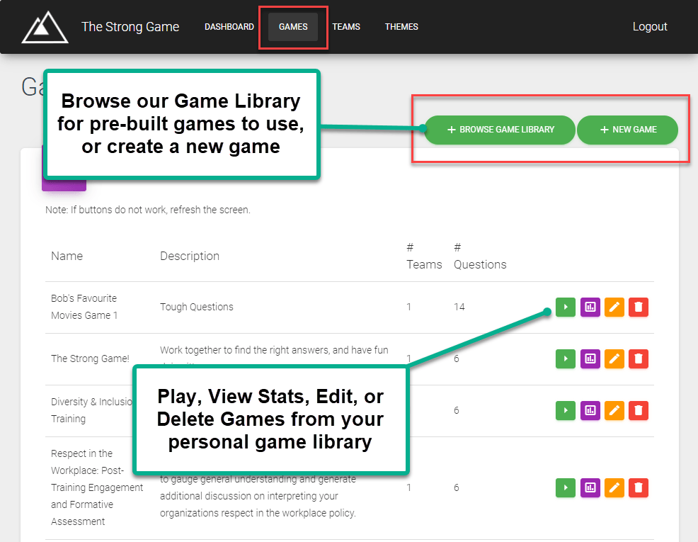 Admin games library usage